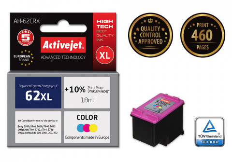 Activejet AH-62CRX Tusz do drukarki HP, Zamiennik HP 62XL C2P07AE; Premium; 18 ml; kolor. Drukuje więcej o 10%. - Galeria zdjęcie 2