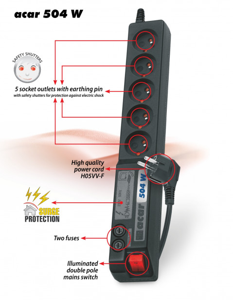 Listwa przeciwprzepięciowa Acar 504WF EMI/RFI (3m ; czarny) - Galeria zdjęcie 2