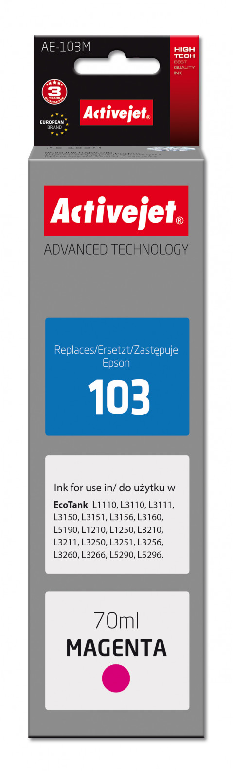 Activejet AE-103M Tusz do drukarki Epson, Zamiennik Epson 103 C13T00S34A; Supreme; 70 ml; purpurowy. - Galeria zdjęcie 1
