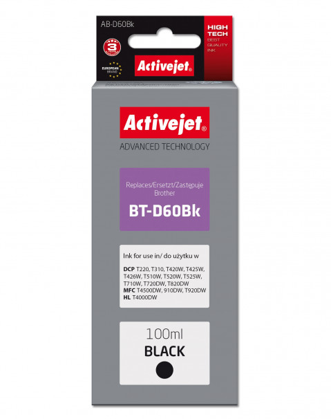 Activejet AB-D60Bk Tusz do drukarki Brother, Zamiennik Brother BT-D60Bk; Supreme; 100 ml; czarny. - Galeria zdjęcie 1