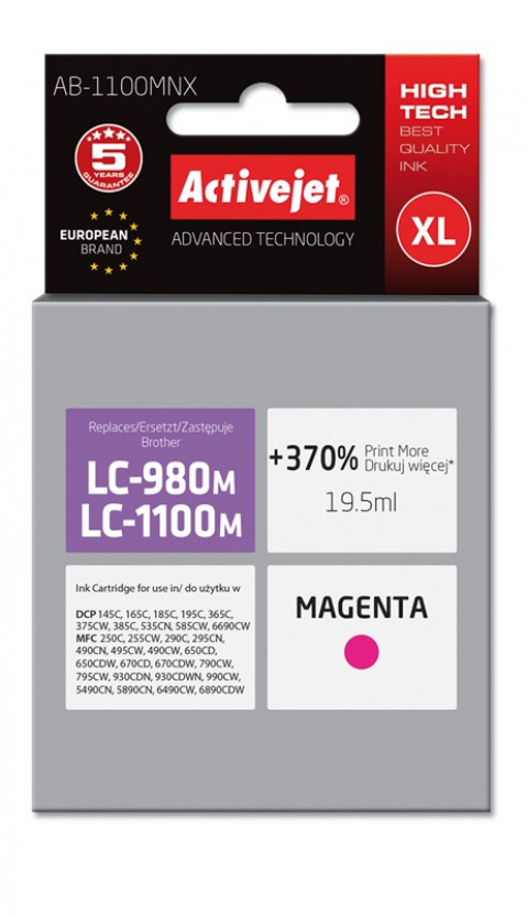 Activejet AB-1100MNX Tusz do drukarki Brother, Zamiennik Brother LC1100M/980M; Supreme; 19,5 ml; purpurowy. Drukuje więcej o 370%. - Galeria zdjęcie 1