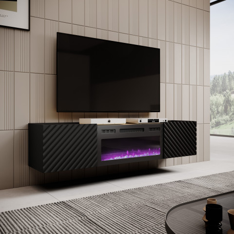 Szafka RTV z kominkiem elektrycznym ONDA 180x40x39-58 czarny (stojąca lub wisząca) - Galeria zdjęcie 2