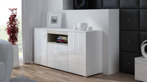 Komoda VIVA 150 biały/ biały połysk+ dąb sonoma - Galeria zdjęcie 1