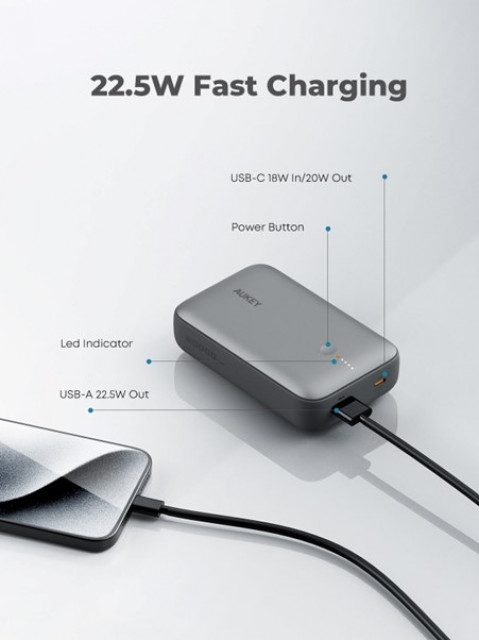 AUKEY POWERBANK 20 000 MAH, USBC 22,5W, USBA,MINI - Galeria zdjęcie 4