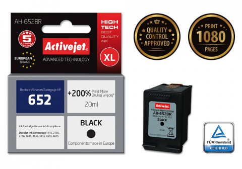 Activejet AH-652BR Tusz do drukarki HP, Zamiennik HP 652 F6V25AE; Premium; 20 ml; czarny. Drukuje więcej o 200%. - Galeria zdjęcie 2