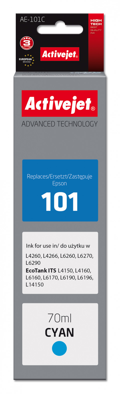 Activejet AE-101C Tusz do drukarki Epson, Zamiennik Epson 101; Supreme; 70 ml; błękitny. - Galeria zdjęcie 1