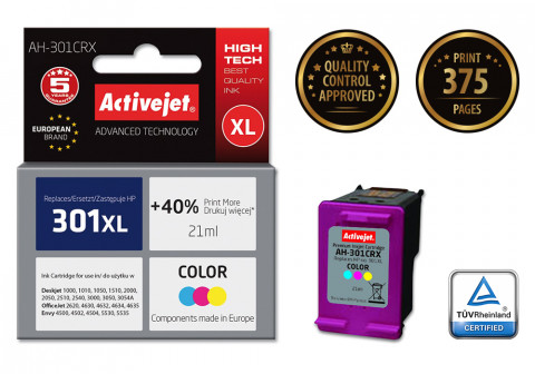 Activejet AH-301CRX Tusz do drukarki HP, Zamiennik HP 301XL CH564EE; Premium; 21 ml; kolor. Drukuje więcej o 40%. - Galeria zdjęcie 2