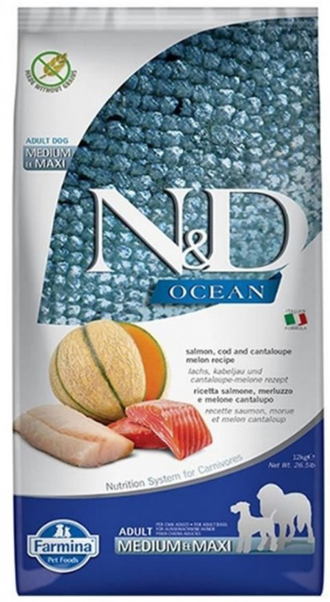 FARMINA N&D Ocean Dog Salmon, Cod, Cantaloupe, Melon Adult Medium&Maxi- sucha karma dla psa - 12 kg - Galeria zdjęcie 1