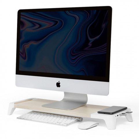POUT Eyes8 – Podstawka pod monitor w kolorze białym z funkcją szybkiego i bezprzewodowego ładowania. Wielofunkcyjne rozwiązanie 3-w-1, które łączy ergonomię pracy z wygodą ładowania urządzeń mobilnych. - Galeria zdjęcie 1