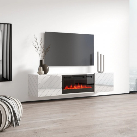Szafka RTV LUXE 182,6x34,5x37,5 biały/biały połysk + czarny kominek - Galeria zdjęcie 2