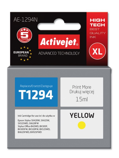Activejet AE-1294N Tusz do drukarki Epson, Zamiennik Epson T1294; Supreme; 15 ml; żółty. - Galeria zdjęcie 1