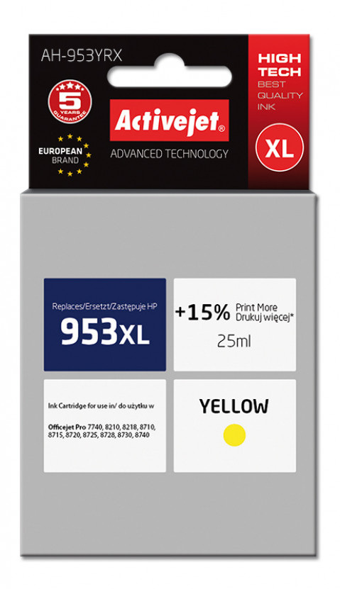 Activejet AH-953YRX Tusz do drukarki HP, Zamiennik HP 953XL F6U18AE; Premium; 25 ml; żółty. Drukuje więcej o 15%. - Galeria zdjęcie 1