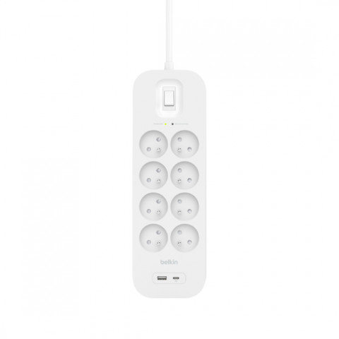 Listwa zasilająca Belkin Power Surge 8-PORT + 1xUSB-A +1xUSB-C 2.4A PD 900J 2m White - Galeria zdjęcie 2