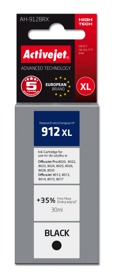 Activejet AH-912BRX Tusz do drukarek HP, Zamiennik HP 912XL 3YL84AE; Premium; 1100 stron; 30 ml, czarny - Galeria zdjęcie 1