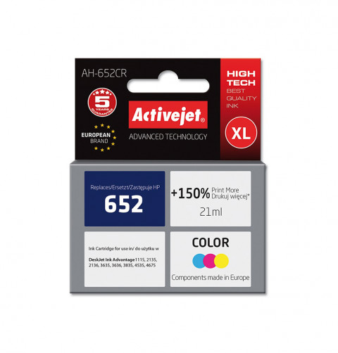 Activejet AH-652CR Tusz do drukarki HP, Zamiennik HP 652 F6V24AE; Premium; 21 ml; kolor. Drukuje więcej o 150%. - Galeria zdjęcie 1