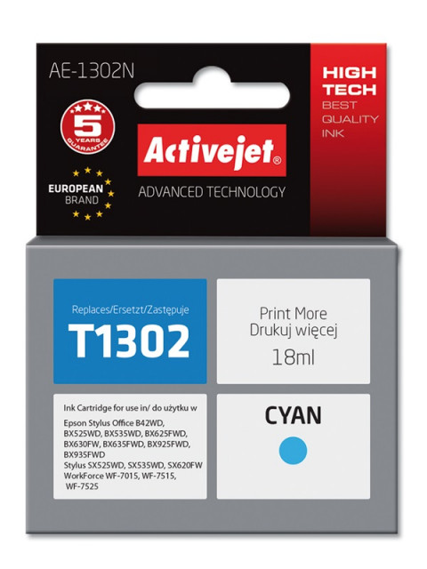 Activejet AE-1302N Tusz do drukarki Epson, Zamiennik Epson T1302; Supreme; 18 ml; błękitny. - Galeria zdjęcie 1