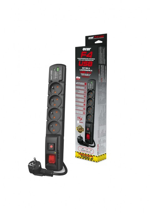 Listwa przeciwprzepięciowa Acar F4 USB A+C (szybka ładowarka) 5m ; czarny - Galeria zdjęcie 2