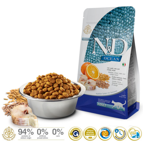 FARMINA N&D Ocean Cod, Spelt, Oats & Orange Adult - sucha karma dla kota - 1,5kg - Galeria zdjęcie 2