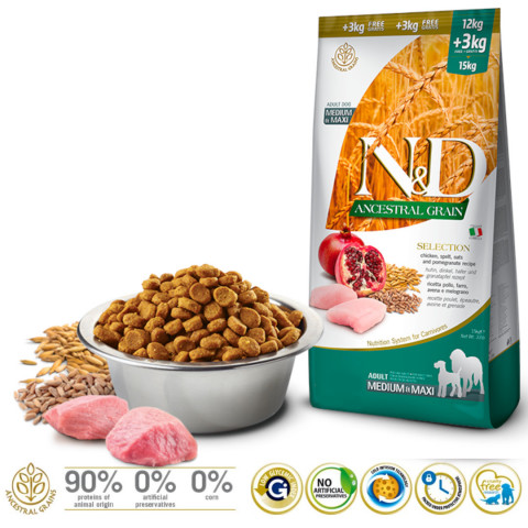 FARMINA N&D Ancestral Grain Selection Adult Medium & Maxi - sucha karma dla psa - 12kg + 3kg - Galeria zdjęcie 3