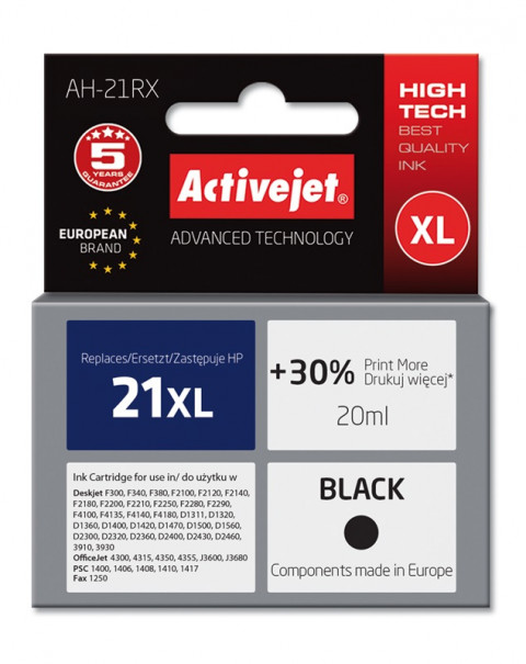 Activejet AH-21RX Tusz do drukarki HP, Zamiennik HP 21XL C9351A; Premium; 20 ml; czarny. Drukuje więcej o 30%. - Galeria zdjęcie 1
