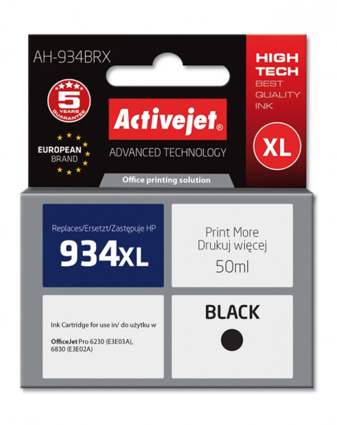 Activejet AH-934BRX Tusz do drukarki HP, Zamiennik HP 934XL C2P23AE; Premium; 50 ml; czarny. - Galeria zdjęcie 1