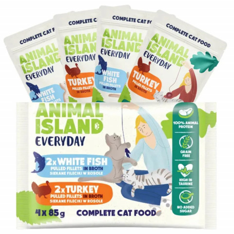 ANIMAL ISLAND Everyday Indyk i Biała ryba filety w rosole - mokra karma dla kota - 4 x 85g - Galeria zdjęcie 1