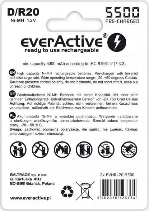 EVERACTIVE AKUMULATORKI LR20 5500MAH EVHRL20-5500 - Galeria zdjęcie 2