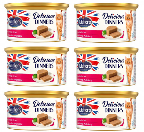 BUTCHER'S Delicious Dinners Cat- mokra karma dla kota z wołowiną i wątróbką w formie musu - puszka - 6x85g - Galeria zdjęcie 1