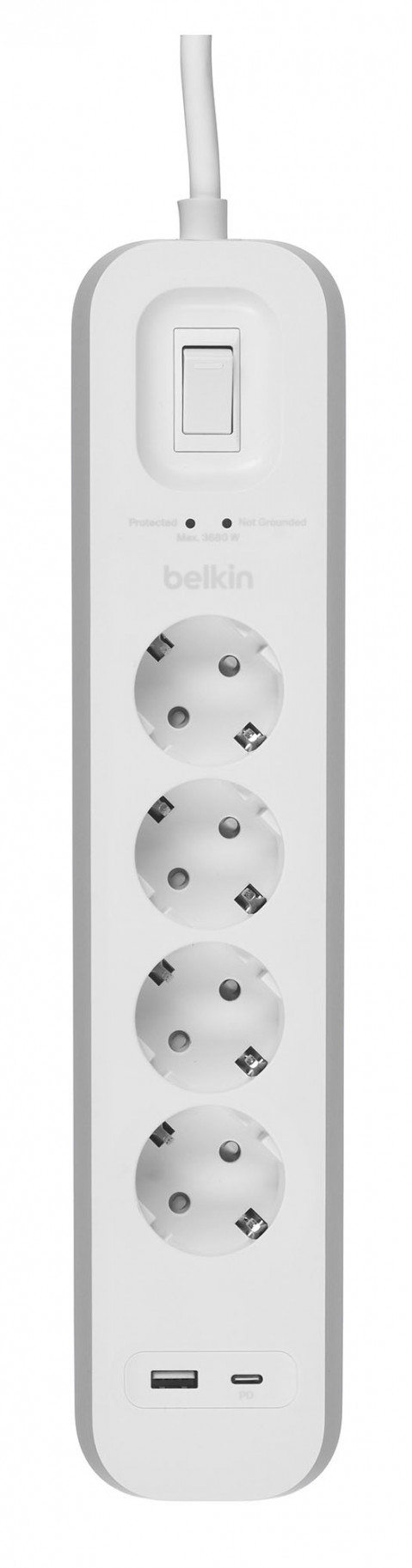 Listwa zasilająca Belkin Power Surge 4-PORT + 1xUSB-A +1xUSB-C 2.4A PD 525J 2m White Schuko - Galeria zdjęcie 3