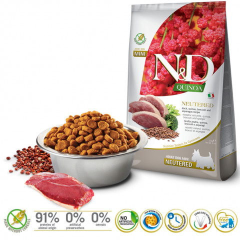 FARMINA N&D Quinoa Dog Duck, Broccoli, Asparagus Neutered Adult Mini - sucha karma dla psa - 2.5 kg - Galeria zdjęcie 2