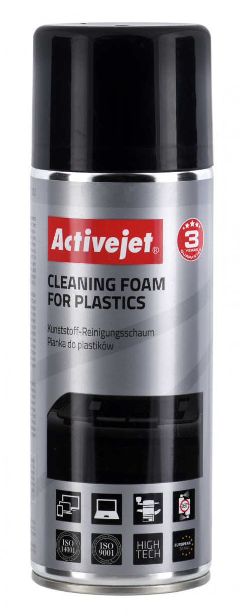 Activejet AOC-100 Pianka do plastiku, 400 ml Pianka z aktywnymi cząsteczkami, usuwająca wszelkiego rodzaju zanieczyszczenia powierzchni wykonanych z plastiku. Niezbędna w każdym biurze, idealna do czyszczenia klawiatur, obudów monitorów, komputerów - Galeria zdjęcie 1