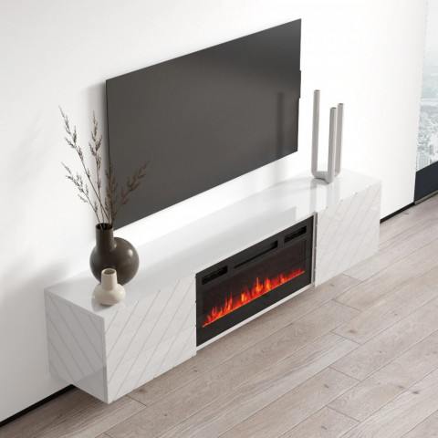 Szafka RTV LUXE 182,6x34,5x37,5 biały/biały połysk + czarny kominek - Galeria zdjęcie 4