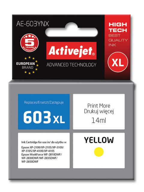 Activejet AE-603YNX Tusz do drukarki Epson, Zamiennik Epson 603XL T03A44; Supreme; 14 ml; żółty. - Galeria zdjęcie 1