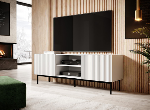 Szafka RTV PAFOS na czarnym stelażu ze stali 150x40x60 biały mat - Galeria zdjęcie 2