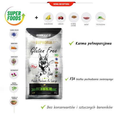 BIOFEED Euphoria Gluten Free Adult medium & large Jagnięcina - sucha karma dla psa - 12 kg - Galeria zdjęcie 2