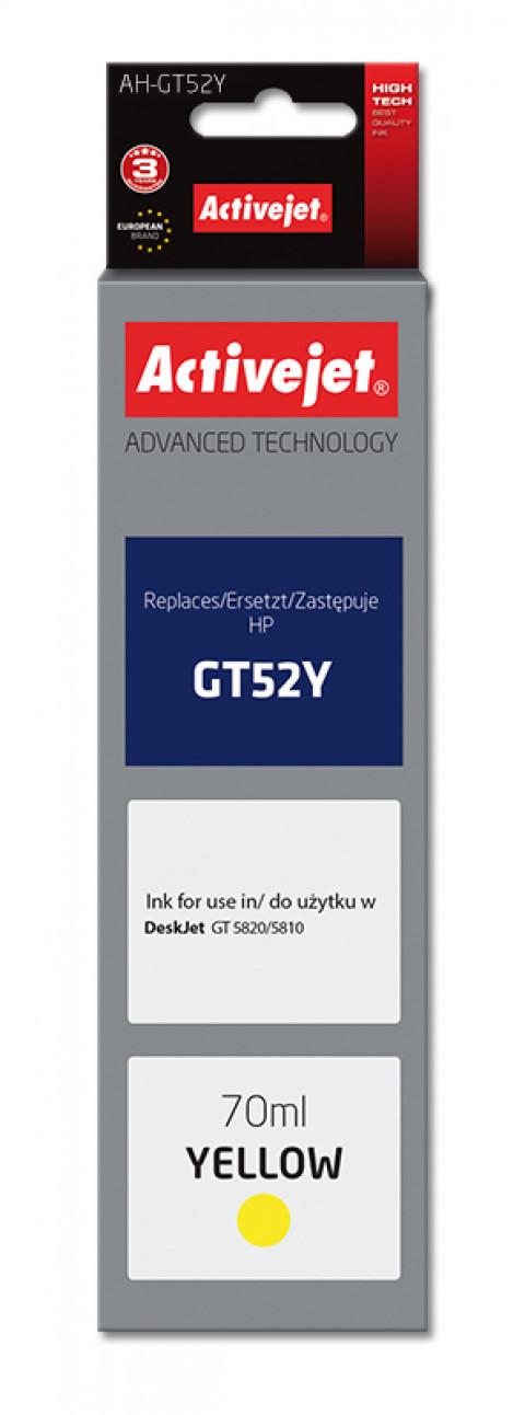Activejet AH-GT52Y Tusz do drukarki HP, Zamiennik HP GT52Y M0H56AE; Supreme; 70 ml; 8000 stron, żółty. - Galeria zdjęcie 1