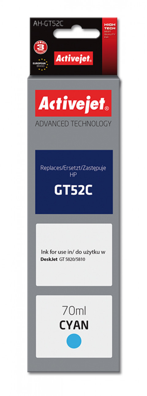 Activejet AH-GT52C Tusz do drukarki HP, Zamiennik HP GT52C M0H54AE; Supreme; 70 ml; 8000 stron, błękitny. - Galeria zdjęcie 1