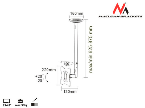 MACLEAN UCHWYT DO TELEWIZORA SUFITOWY 23-42" 50 - 85 CM 30KG MC-504 B SREBRNY TV - Galeria zdjęcie 3