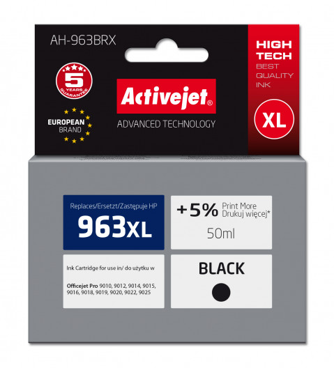 Activejet AH-963BRX Tusz do drukarek HP, Zamiennik HP 963XL 3JA30AE; Premium; 2100 stron; 50 ml, czarny - Galeria zdjęcie 1