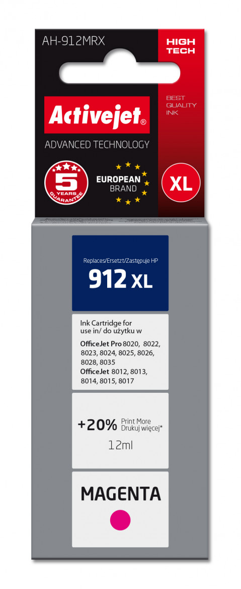 Activejet AH-912MRX Tusz do drukarek HP, Zamiennik HP 912XL 3YL82AE; Premium; 990 stron; 12 ml, purpurowy - Galeria zdjęcie 1