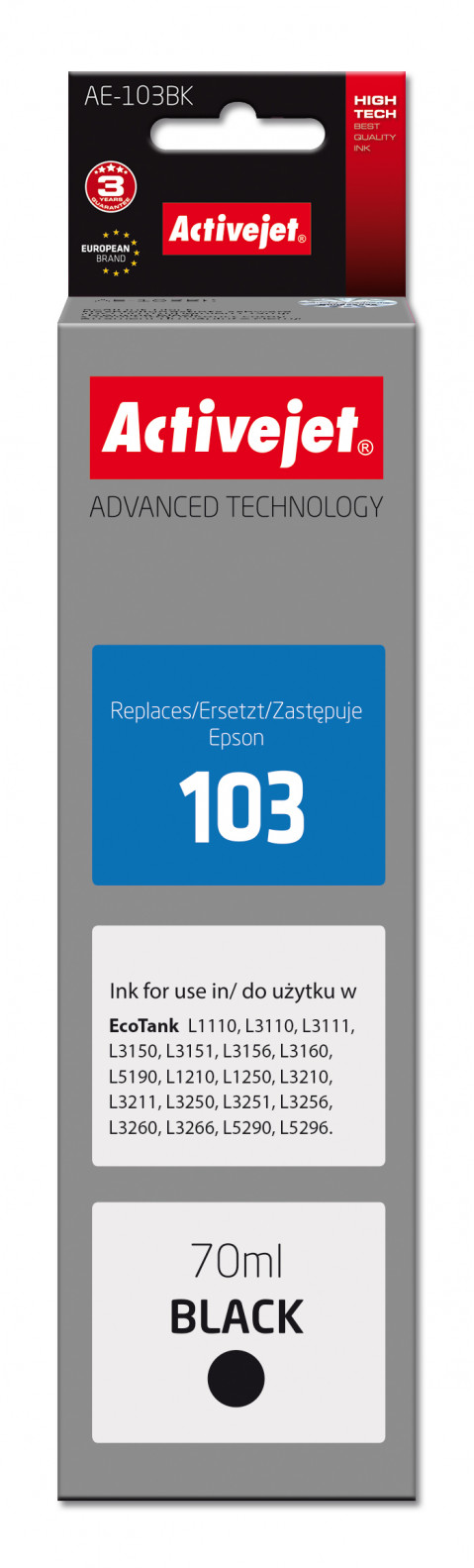 Activejet AE-103Bk Tusz do drukarki Epson, Zamiennik Epson 103 C13T00S14A; Supreme; 70 ml; 4500, czarny. Buteleczki z atramentem. - Galeria zdjęcie 1