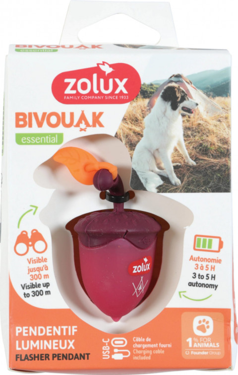 ZOLUX Bivouak Świecąca zawieszka do obroży Orzech LED USB czerwona - 6x4x3cm - Galeria zdjęcie 1
