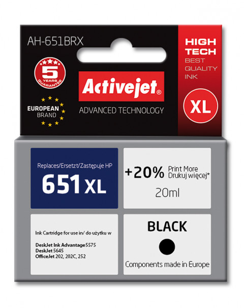 Activejet AH-651BRX Tusz do drukarki HP, Zamiennik HP 651 C2P10AE; Premium; 20 ml; czarny. Drukuje więcej o 20%. - Galeria zdjęcie 1