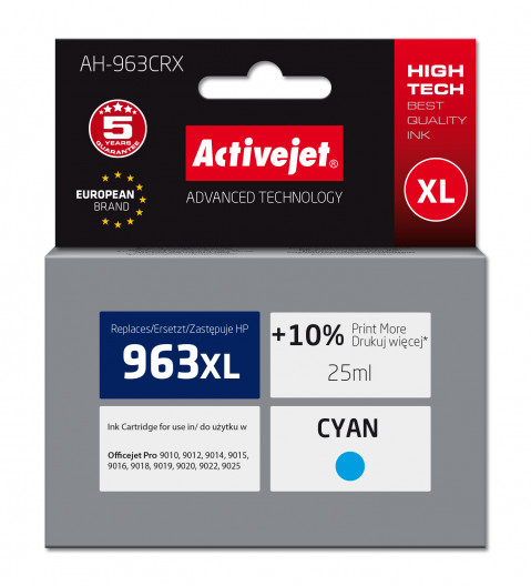 Activejet AH-963CRX Tusz do drukarek HP, Zamiennik HP 963XL 3JA27AE; Premium; 1760 stron; 25 ml, błękitny - Galeria zdjęcie 1