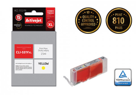 Activejet ACC-551YN Tusz do drukarki Canon, Zamiennik Canon CLI-551Y; Supreme; 15 ml; żółty. - Galeria zdjęcie 2
