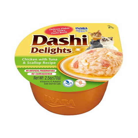 INABA Dashi Delights Kurczak z tuńczykiem i przegrzebkami w bulionie - przysmak dla kota - 70 g - Galeria zdjęcie 1