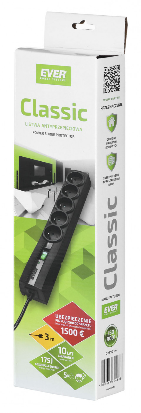 Listwa antyprzepięciowa Ever Classic 3,0m (5 x UTE; 10 A; kolor czarny) (T/LZ09-CLA030/0000) - Galeria zdjęcie 8