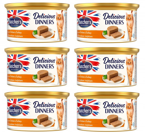 BUTCHER'S Delicious Dinners Cat z kurczakiem i indykiem - mokra karma dla kota w formie musu - puszka 6x85g - Galeria zdjęcie 1