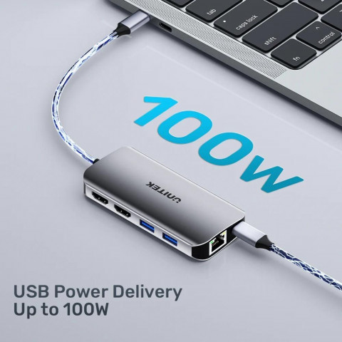 UNITEK AKTYWNY HUB USB-C 2X HDMI 4K, RJ45, PD 100W - Galeria zdjęcie 4