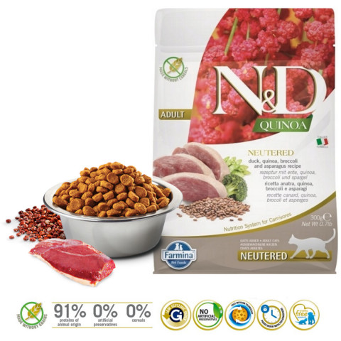 FARMINA N&D Quinoa Cat Duck, Broccoli, Asparagus Neutered Adult - sucha karma dla kota - 300 g - Galeria zdjęcie 2